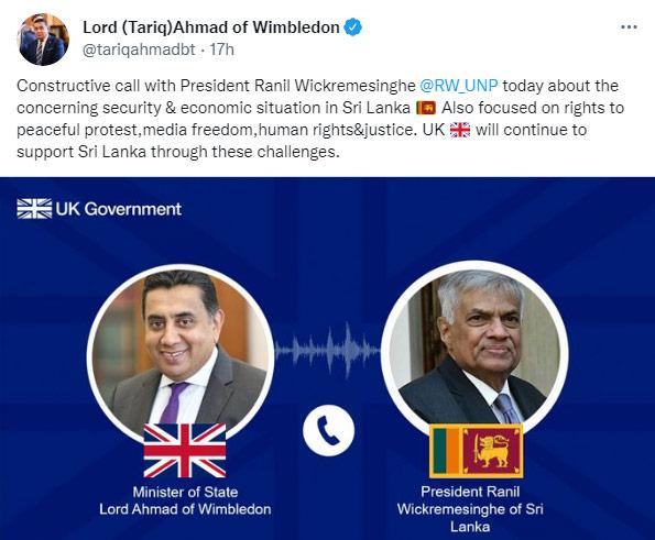 UK minister Tariq Ahmad says will continue to support Sri Lanka